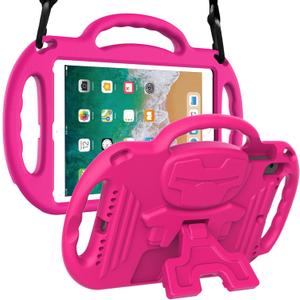 LTROP Kids Case for iPad 5th/6th Generation (2017/2018) & Air 2, Shoulder Strap Handle Stand Shockproof Bumper Cute Kid Case for iPad 9.7 Inch, Pink