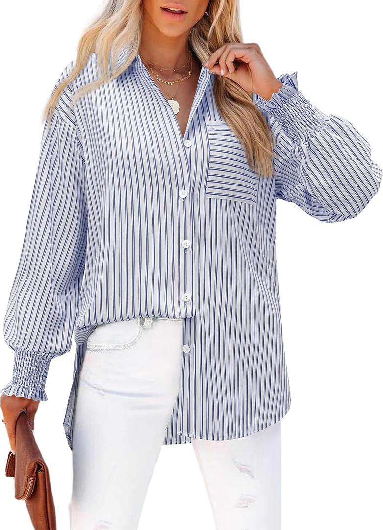 siliteelon Blue and White Striped Button Down Shirts for Women Long Sleeve Blouses Collared Smocked Cuff Boyfriend Plus Business Casual Tops Pocket (White, XL)