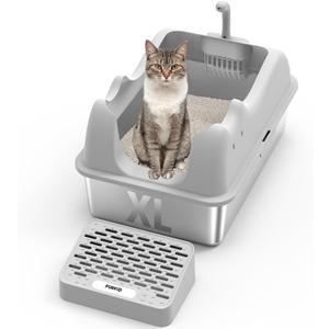 XL Extra Large Enclosed Cat Litter Box - Stainless Steel, High Sided Metal with Lid, Non-Sticky Anti-Leakage, Easy Cleaning Gray