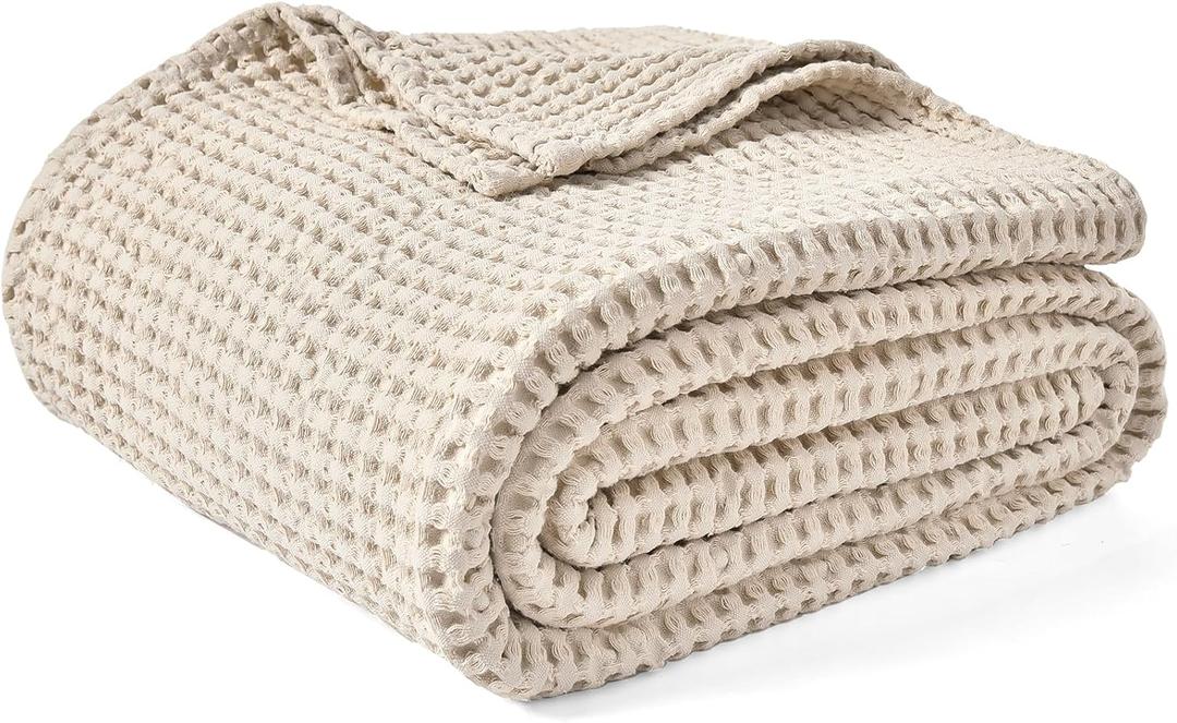 PHF 480GSM 100% Washed Cotton Waffle Weave Blanket, Cozy Breathable Skin-Friendly Throw Twin Size for All Season, Luxury Fall Layer Bedspread for Couch Bed Sofa,Elegant Home Decor,Natural,66"x90"