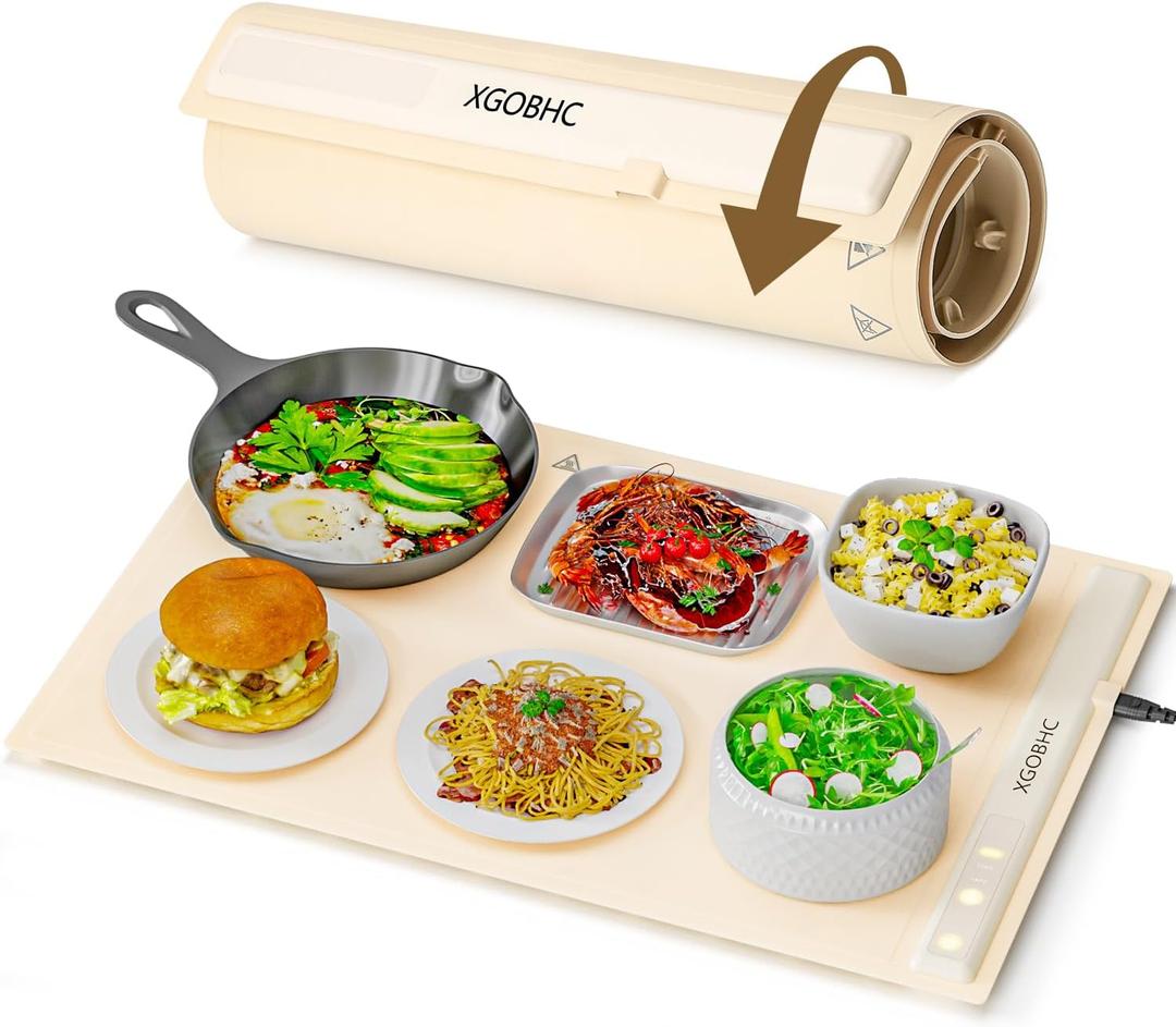 Food Warming Mat for Buffet - XGOBHC Fast Heating Silicone Electric Warming Tray with 3 Level Temperature, Roll Up Food Warmer Pad for Parties Buffets and Home Use, Auto Shut-Off, Beige