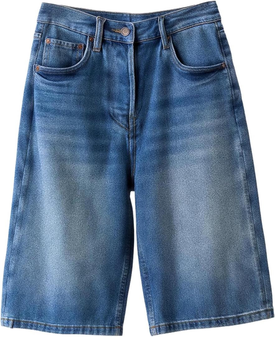Mens Baggy Jean Shorts Loose Fit Vintage Wide Leg Jorts Y2K Streetwear Hip Hop Casual Long Denim Shorts (36 Regular, Dark Blue)