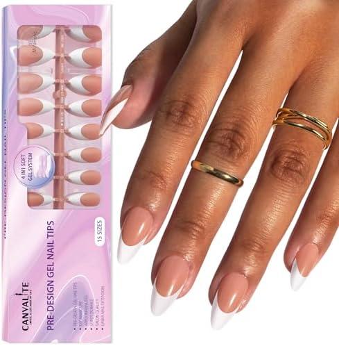 Canvalite French Tip Press on Nails Gel Nail Tips - 300Pcs Pre-Colored Quick and Easy Press on Nails Almond Fake Nails with Designs DIY Nail Extensions, Nude White