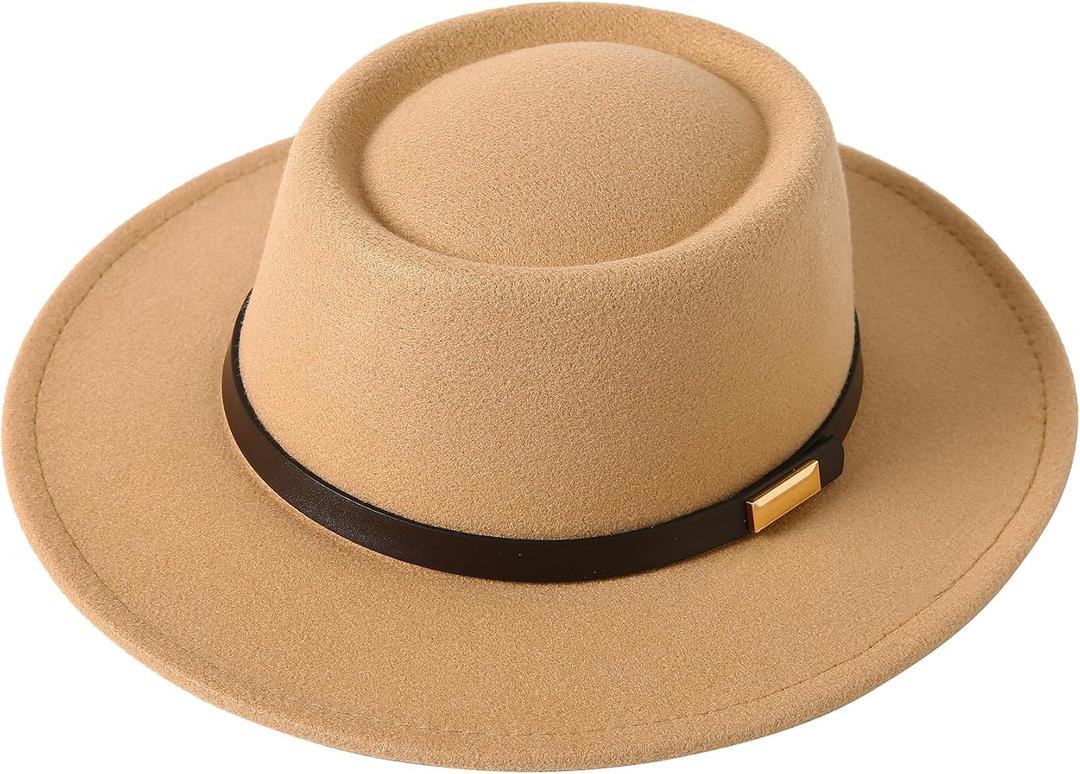 Lanzom Women Vintage Wide Brim Warm Wool Fedora Hat Belt Panama Hat Felt Jazz Hat (Medium-Large)