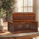 Handwoven Rattan Storage Boxes Set of 2, Decorative Wooden Wicker Chest with Lids and Latches, Vintage Boho Storage Trunks for Living Room, Bedroom, Home Decor