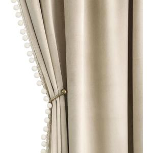 MIULEE Beige Pom Pom Velvet Curtains for Bedroom/Living Room Cream Darkening Thermal Insulating 96 Inches Long Blackout Curtains with Rod Pocket for Girls Room/Nursery/Home Theater Set of 2