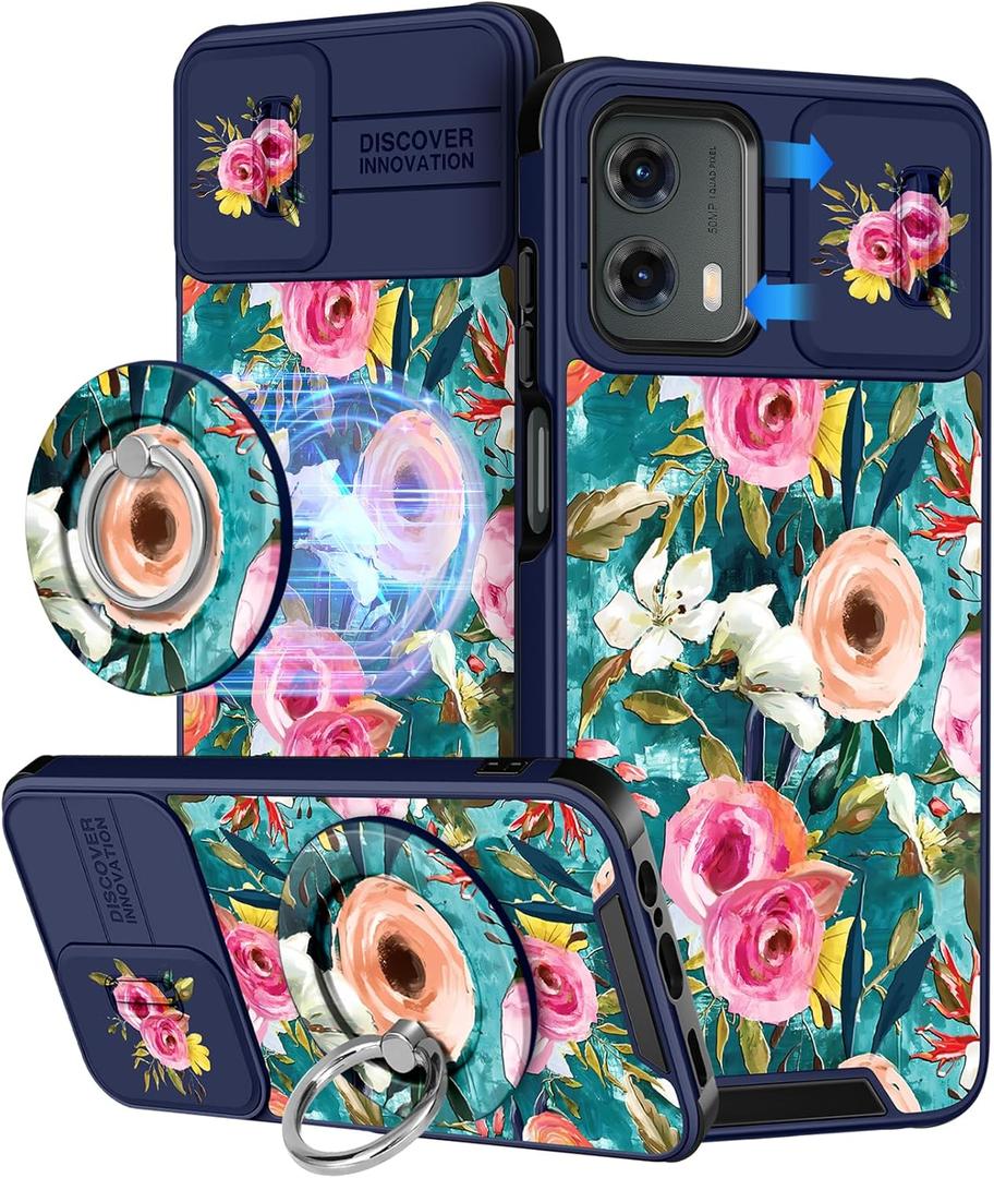 Buleens for Moto G 5G 2024 Case 6.6 Inch - with Ring Stand & Camera Cover Aesthetic Cute Designed for Women Girls Girly Pretty Kawaii Flower Phone Case for Motorola G 5G 2024 Compatible with Magsafe (Lake Blue Flowers)