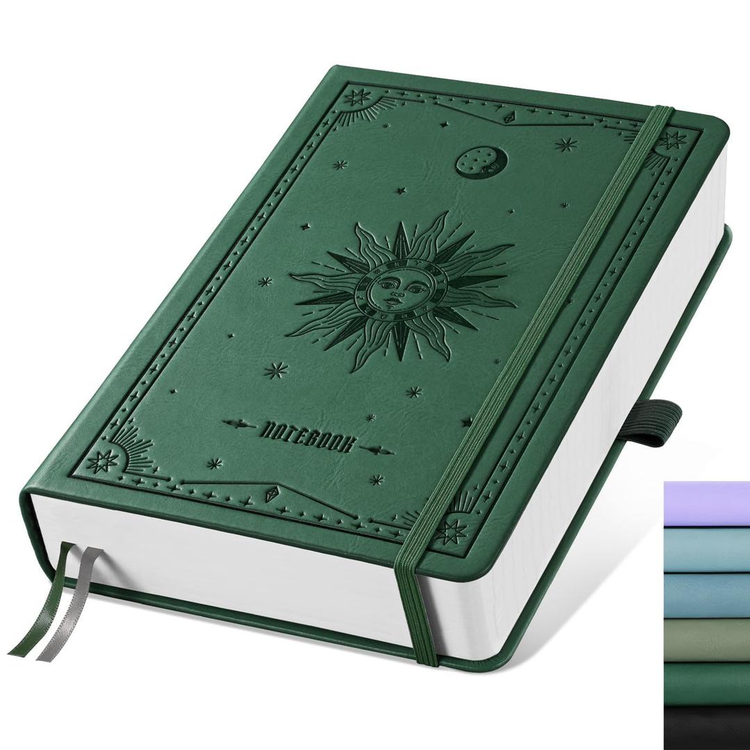 EMSHOI Dotted Journal Notebook, 320 Pages, A5 Small 5.75"x8.38", PU Leather Hardcover, 100 GSM Thick Paper, 5mm Dot Grid Notebook for Journaling, Planning, Drawing, Writing, Dark Green