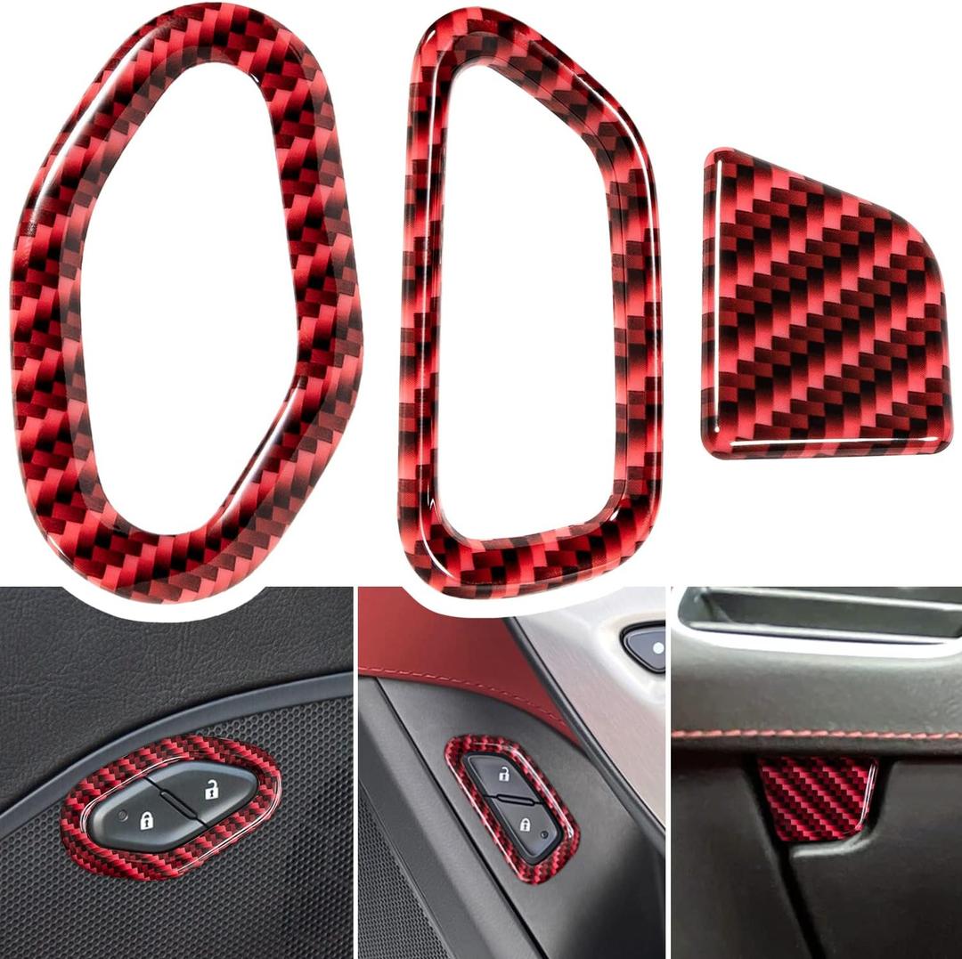 Carbon Fiber Door Lock Switch Button Glove Box Handle Switch Cover Trim for Chevrolet Corvette C7 Z06 Z51 ZR1 Stingray Grand Sport 2014 2015 2016 2017 2018 2019 Interior Accessories (Red 3PCS)