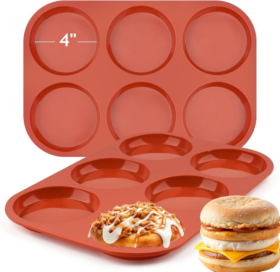 JOERSH 2-PK Silicone Egg Mold Non-Stick 4 Inch Jumbo Size Muffin Top Pan, Large Round Silicone Molds for Baking Hamburger Bun, Egg Bites, Breakfast Sandwiches, Pancakes (2 Pcs: 6-Cup Jumbo)
