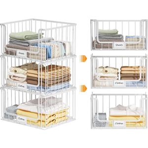 3-Tier Stackable Closet Organizers and Storage, Clothes Shelf Organizer, Foldable Wire Basket Bins, Sweater Storage for Closet and Pantry,11.8" D x 15.7" W, White