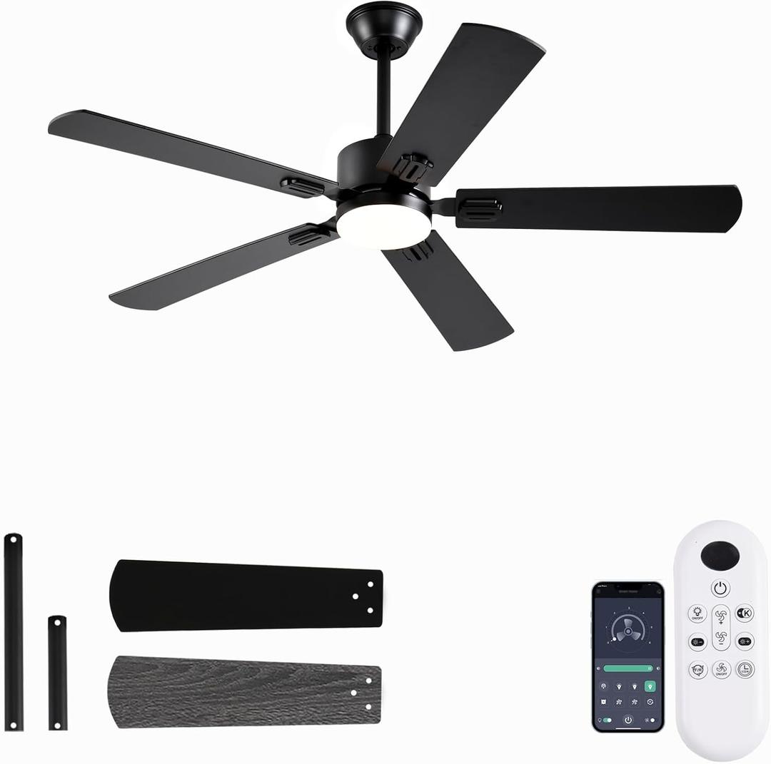 52 inch Modern Ceiling Fans with Lights APP/Remote Control, Low Profile Reversible 6 Speeds Ceiling Fan Light for Indoor/Outdoor Patio Bedroom Living Room,Black
