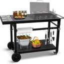 Black Cast Iron 2-Shelf Grill Cart with Wheels,Heavy Duty Pizza Oven Stand for Blackstone Ninja,Outdoor Cooking Station with Durable Tabletop