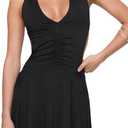 Milumia Women's Sexy Ruched Deep V Neck Backless Halter Dress A Line Flare Party Mini Dress (Size Medium)