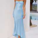 Summer Satin Tube Top Strapless Midi Dress for Women 2025 Formal Ruched Backless Wedding Guest Long Dresses (Blue, S)