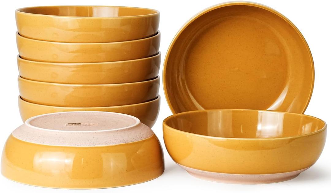Metflavor Pasta Bowls Set of 8, 34oz Speckled Ceramic Bowls Set for Serving Salad, Pasta, Soup, Dinner, 8" Wide and Deep Bowls, Dishwasher & Microwave Safe, Matte Terracotta Base (Ginger Yellow), 8pcs