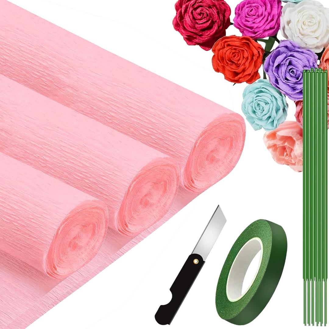 Pink Crepe Paper (9.8Inch x 8.2Ft/3Rolls), Crepe Paper for Flower Making, Papel Crepe for Valentine's Day, Birthday, Wedding, Party Decoration, DIY Craft