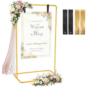 Wedding Welcome Sign Holder Personalized, Gold Welcome to Our Wedding Hanging Sign Holder with Leather Sign Straps, Easel Stand for Sign,Adjustable Wedding Seating Chart Stand