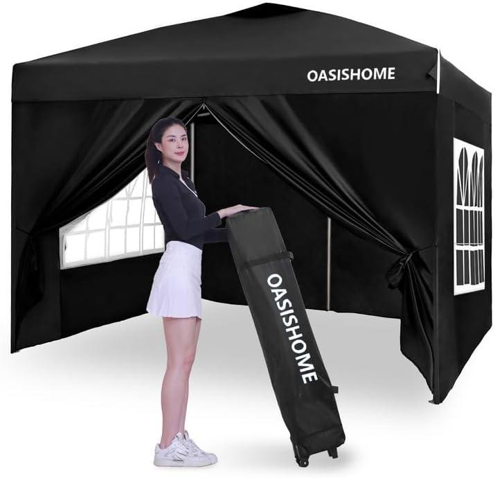 OASISHOME Pop-up Gazebo Instant Portable Canopy Tent 10'x10', with 4 Sidewalls, Windows, Wheeled Bag, for Patio/Outdoor/Wedding Parties and Events (10FTx10FT, Black)
