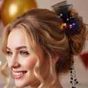 2 x Yokawe LED Light Up Hair Bow Clip,Black Tulle Flower Prom Wedding Costume Accessory with Pearls & Feathers for Women