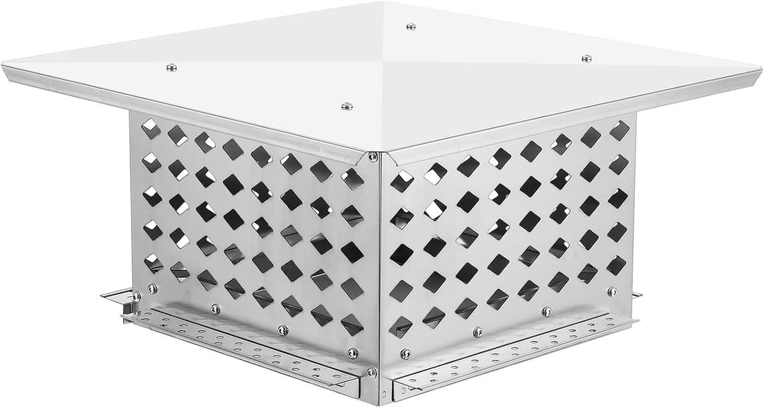 GarveeTech 13"x13" Chimney Cap, 304 Stainless Steel Animal Leaves Guard, Easy Bolt-On Install No Tools, Adjustable Metal Strips Bolts Screws, Coastal Rain Guard Oil/Coal Flue, Roof Protector