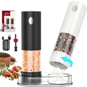 CIRCLE JOY Electric Salt and Pepper Grinder Set Rechargeable Salt and Pepper Mills with 6-Level External Adjustable Coarseness, White LED Light and Storage Base, Black & White