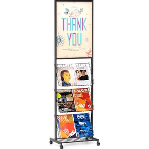 lesolar Floor-Standing Magazine Rack with Poster Board Stand 4-tier Newspaper Holder Book Display Shelf Brochure Display Stand Poster Sign Holder with Wheels Suitable for Exhibitions Store Business