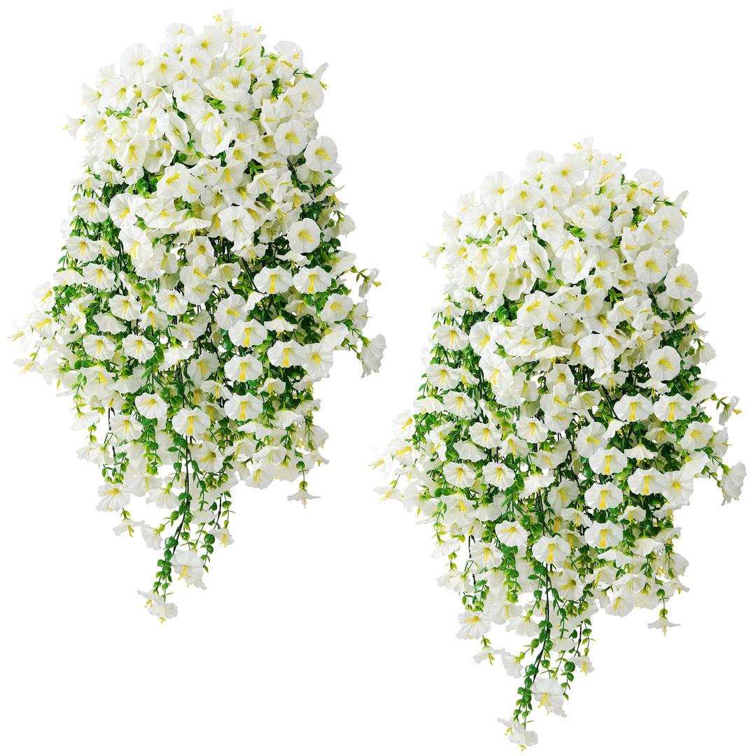 Fanfantoey Artificial Hanging Flowers for Outdoors, 2Pcs UV Resistant Fake Flowers, Realistic Faux Petunias Silk Long Vines Morning Glory Eucalyptus for Outside Planter Porch Patio Decor, White