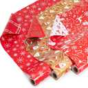 RJVW Small Christmas Gift Wrapping Paper Rolls,3 Rolls 17inches x 198inches Reversible Gift Wrapping Paper, Red Gold White Wrapping Paper, Snowflakes, Stripes, Plaid, Santa hat, Christmas decorations