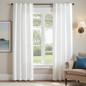 jinchan White Curtains for Living Room Bedroom Linen Textured Curtains 84 Inches Long Farmhouse Casual Weave Back Tab Drapes Light Filtering Window Draps 2 Panels