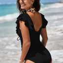 Sovoyontee Women's Ruffle One Piece Swimsuit Tummy Control Bathing Suits Drawstring Cutout V Neck Swimwear (Black, S)