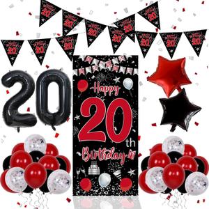 20th Birthday Decorations for Men Women, Red Black Happy 20th Birthday Balloons Decorations for Boys Girls, Boy 20 Year Old Door Banner, Triangle Flag, Large 20 Balloons Bday Party Decor for Him Her