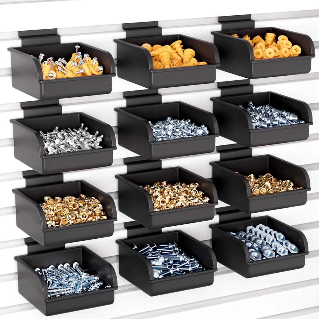 INCLY 12 Pack Slatwall Bins with Hooks, Plastic Slatwall Accessories Containers Bins for Slat Wall Panels Organizing Hardware, Garage, Craft Room, Kitchen, Tool Shed, Workbench
