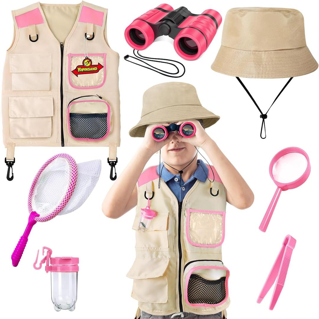 YOPINSAND Kids Explorer Kit & Bug Catcher Kit, Kids Camping Gear for Kids, Outdoor Exploration Set with Vest & Hat, Ideal Outdoor Camping Adventure Toys for Ages 3 4 5 6 7 8 Boys Girls (Pink)