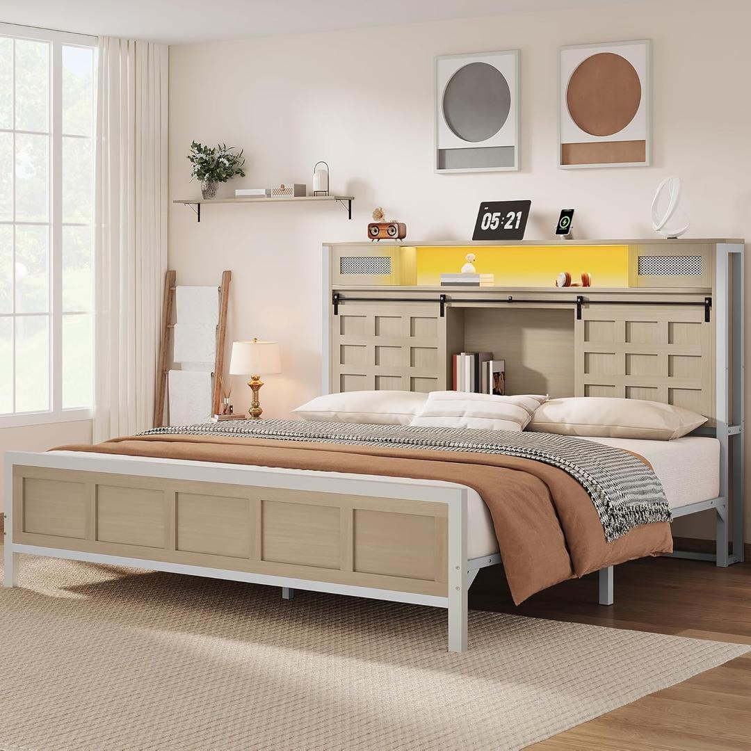 YITAHOME Farmhouse Bed Frame King Size, 49.14" Tall Storage Headboard, Led Light & Charging Station, Sliding Barn Door, Wooden Platform Bed Frame, Metal Slats Support, No Box Spring Needed, Oak