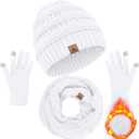 Winter Beanie Hat Scarf Gloves, Warm Fleece Knit Hats Touch Screen Gloves Neck Scarf Set Winter Gifts for Unisex Adult (White)