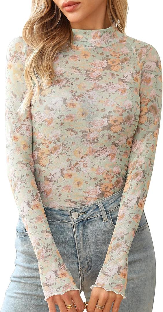 Ugerlov Womens Lace Long Sleeve Mesh Top Floral Mock Neck See Through Going Out Top with Thumb Hole Party Outfits Shirts (S)