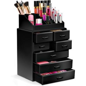 Sorbus Makeup Organizer, Brush Holder and Make Up Storage Drawers - Acrylic Makeup organizer for vanity, Bathroom - Cosmetic Display Cases with 3 large, 4 Small Drawers & 1 Tray for Makeup Brush
