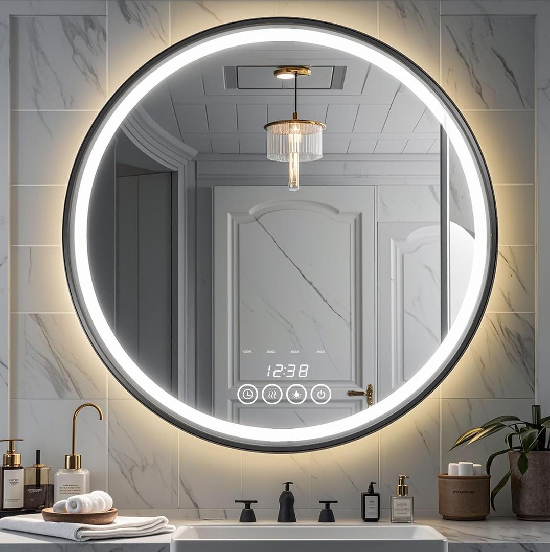 24 Inch Wall-Mounted Round Bathroom Mirror with LED-Lights - Frame Vanity Mirrors (24" x 24", Black)