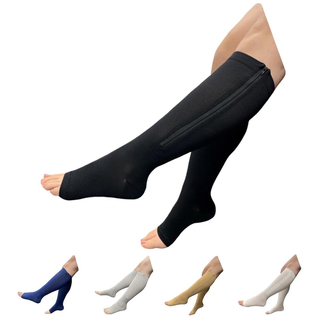 HealthyNees Seniors Care 15-20 mmHg Zipper Compression Leg Calf Open Toe Socks (Black, 2X-Large)