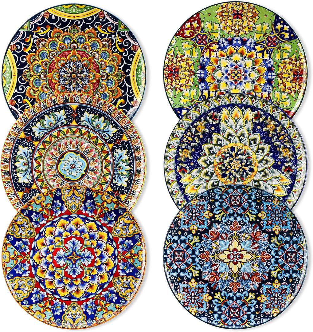 Vancasso Dinner Plates Set of 6-10.5 Inch Ceramic Plates, Microwave, Oven and Dishwasher Safe, Colorful Bohemian Style Dishes for Kitchen