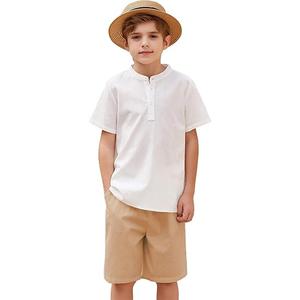 Arshiner Boy's 2 Pieces Cotton Linen Set Casual Henley Shirts Short Sleeve Beach Shorts Summer Outfits, Size: 11-12 Years
