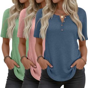 3 Pack Women's Henley T Shirts Curved Hem Crew Neck Short Sleeve Tops Button Loose Fit Summer Casual Blouse (Grass Green, Pink, Blue Gray), Large