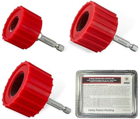 [3-Size Set] Copper Pipe Cleaner for Drill, Clean 1/2, 3/4, 1-in Copper Pipes & Tubes for Soldering, 3 Tube Cleaning Brushes, Model InerLok050, 075, 100, w/ Stainless-Steel Wire Bristles & 1/4” Shank