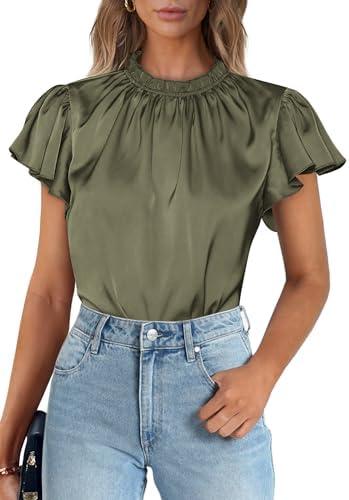 PRETTYGARDEN Business Casual Tops for Women Blouses Dressy 2025 Summer Short Sleeve Ruffle Satin Work Office Attire, L
