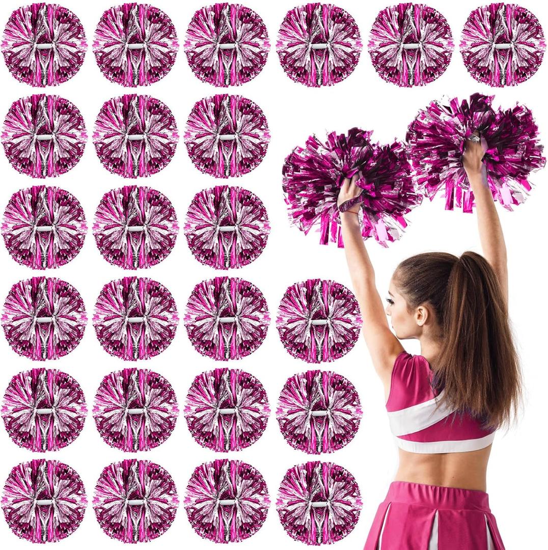 Yunsailing 24 Pack Cheerleading Pom Poms with Baton Handle 14.5 Inch Metallic Cheering Squad Pompoms for Team Sports Football Dance Cheering Adults(Rose Red and Silver)