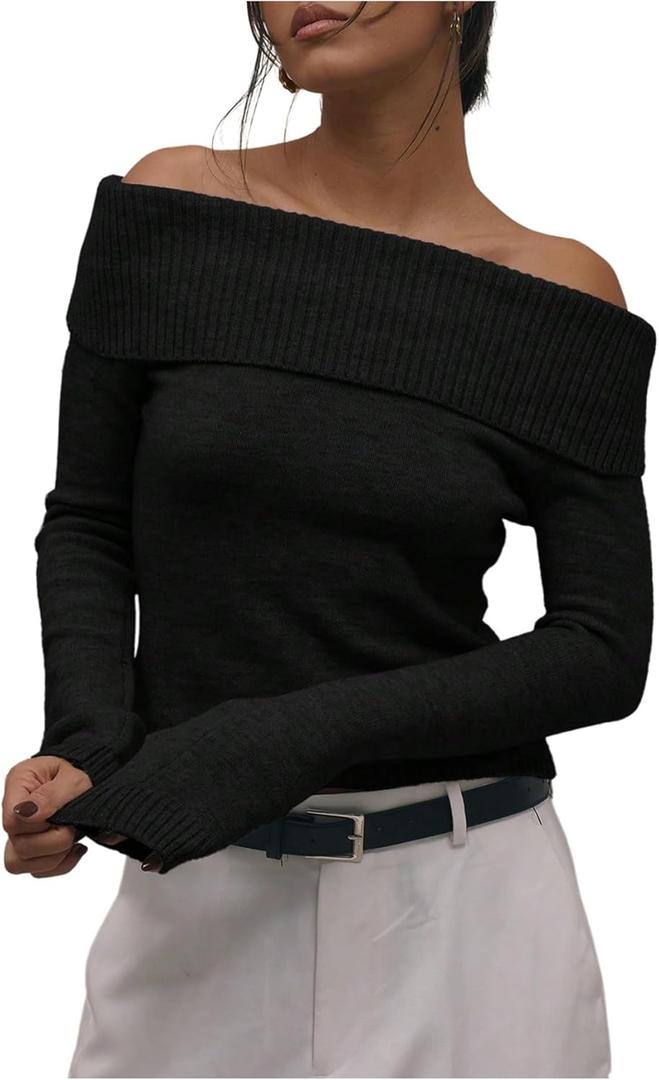 MakeMeChic Women's Off The Shoulder Sweaters Long Sleeve Knit Top Fall Jumper Pullover Tops (Black, L)