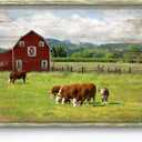 Wood Print Farmhouse Wall Art: Red Barn Nature Rural Cow Cattle Artwork Rustic Framed Picture Quiet Countryside Landscape Painting Farm Forest Gallery Ready to Hang for Bedroom Living Room Bathroom, 36"L x 24"W