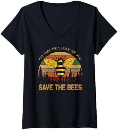 Womens Hug More Trees Clean Our Seas Save The Bees Vintage Earth V-Neck T-Shirt XL Gray
