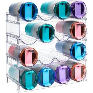 Water Bottle Organizer for Cabinet, Stackable Water Bottle Storage Rack, 4 Tier Water Bottle Holder for Kitchen Pantry, Tumbler Travel Mug Cup Organizer, Hold 16 Bottles